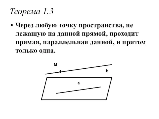 Теорема 1.3 Через любую точку пространства, не лежащую на данной прямой, проходит