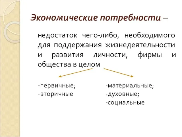 Экономические потребности – недостаток чего-либо, необходимого для поддержания жизнедеятельности и развития личности,