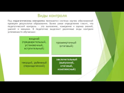 Виды контроля Под педагогическим контролем понимается система научно обоснованной проверки результатов образования.