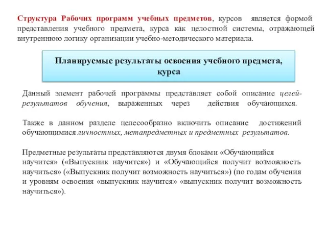 Структура Рабочих программ учебных предметов, курсов является формой представления учебного предмета, курса