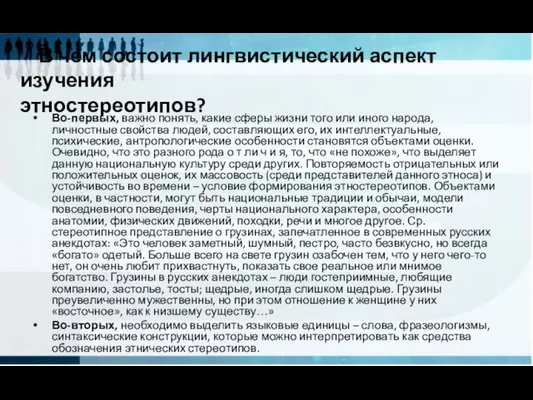 В чем состоит лингвистический аспект изучения этностереотипов? Во-первых, важно понять, какие сферы