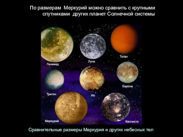 Сравнительные размеры Меркурия и других небесных тел По размерам Меркурий можно сравнить