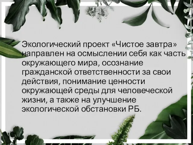 Экологический проект «Чистое завтра» направлен на осмыслении себя как часть окружающего мира,