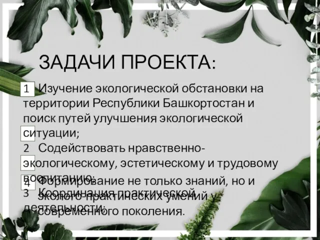 ЗАДАЧИ ПРОЕКТА: 1 Изучение экологической обстановки на территории Республики Башкортостан и поиск