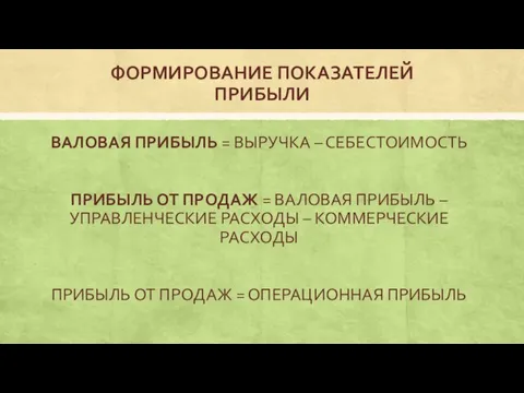 ФОРМИРОВАНИЕ ПОКАЗАТЕЛЕЙ ПРИБЫЛИ ВАЛОВАЯ ПРИБЫЛЬ = ВЫРУЧКА – СЕБЕСТОИМОСТЬ ПРИБЫЛЬ ОТ ПРОДАЖ