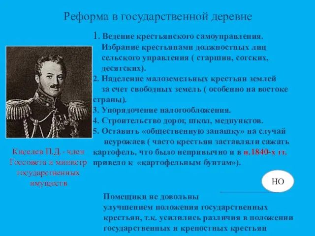 Реформа в государственной деревне Киселев П.Д.- член Госсовета и министр государственных имуществ