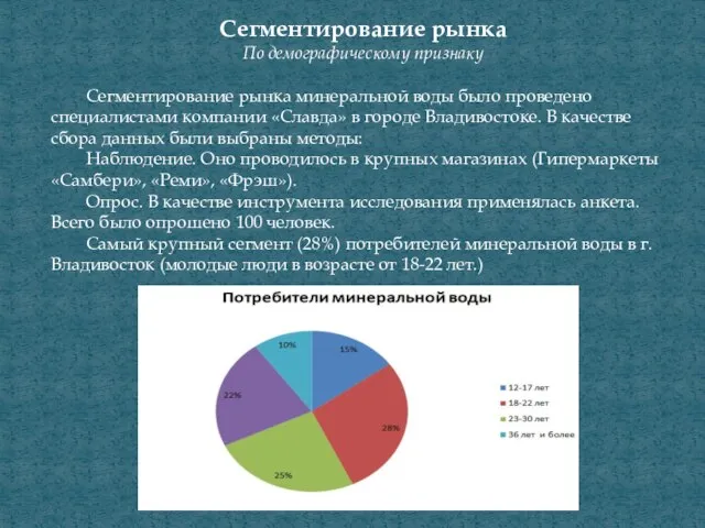 Сегментирование рынка По демографическому признаку Сегментирование рынка минеральной воды было проведено специалистами