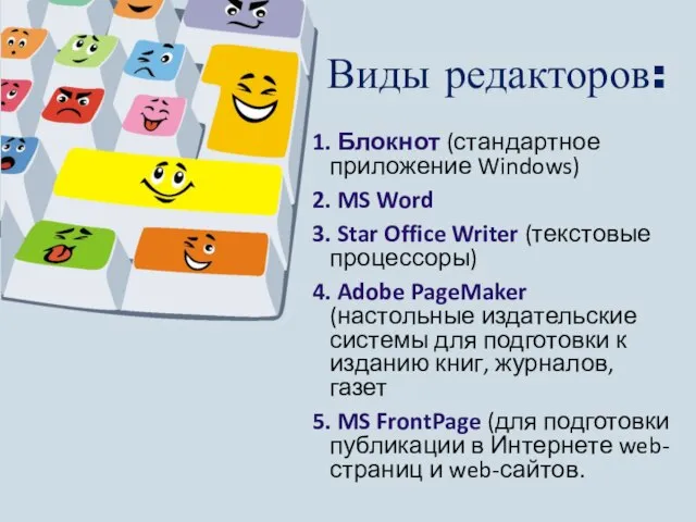 Виды редакторов: 1. Блокнот (стандартное приложение Windows) 2. MS Word 3. Star