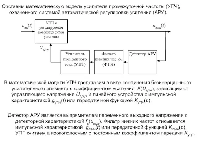 Составим математическую модель усилителя промежуточной частоты (УПЧ), охваченного системой автоматической регулировки усиления