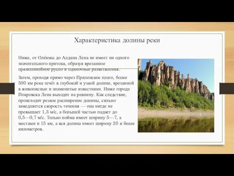 Характеристика долины реки Ниже, от Олёкмы до Алдана Лена не имеет ни