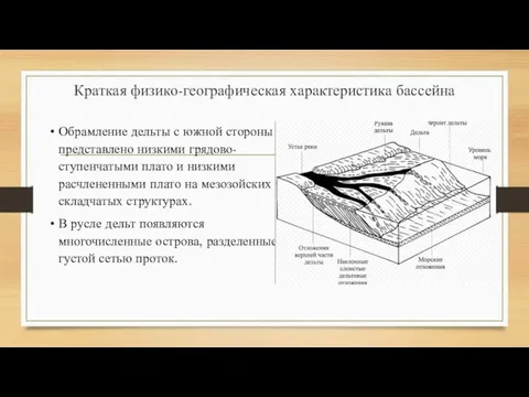 Краткая физико-географическая характеристика бассейна Обрамление дельты с южной стороны представлено низкими грядово-ступенчатыми