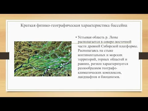 Краткая физико-географическая характеристика бассейна Устьевая область р. Лены располагается в северо-восточной части