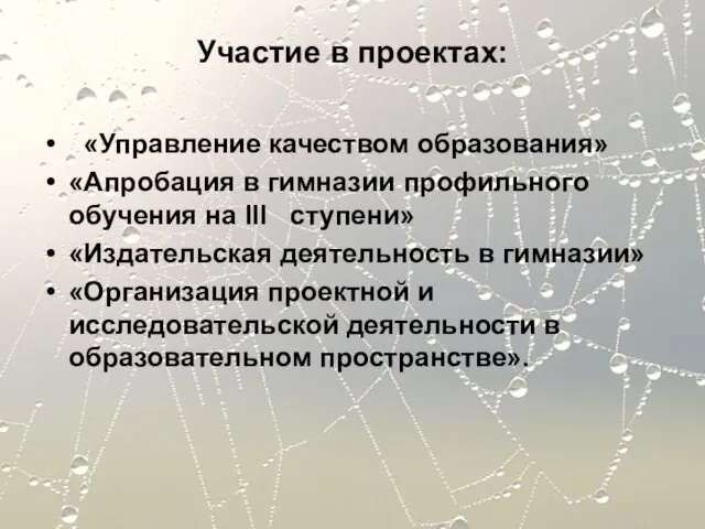 Участие в проектах: «Управление качеством образования» «Апробация в гимназии профильного обучения на