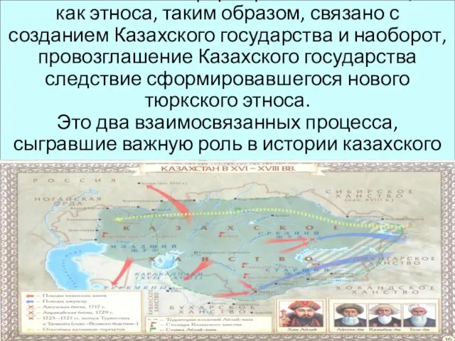 Окончательное формирование казахов, как этноса, таким образом, связано с созданием Казахского государства