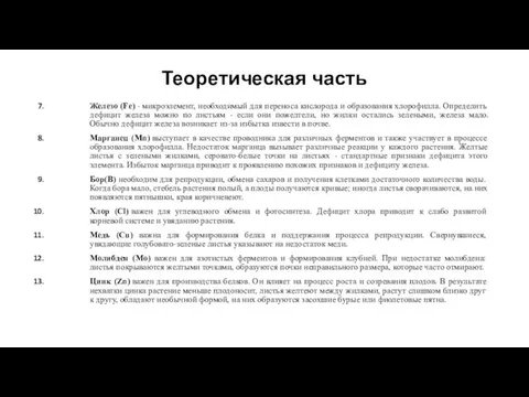 Теоретическая часть Железо (Fe) - микроэлемент, необходимый для переноса кислорода и образования