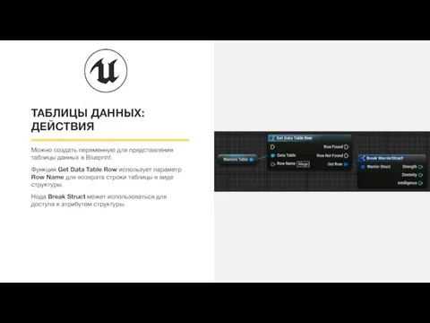 ТАБЛИЦЫ ДАННЫХ: ДЕЙСТВИЯ Можно создать переменную для представления таблицы данных в Blueprint.
