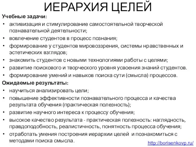 ИЕРАРХИЯ ЦЕЛЕЙ Учебные задачи: активизация и стимулирование самостоятельной творческой познавательной деятельности; вовлечение