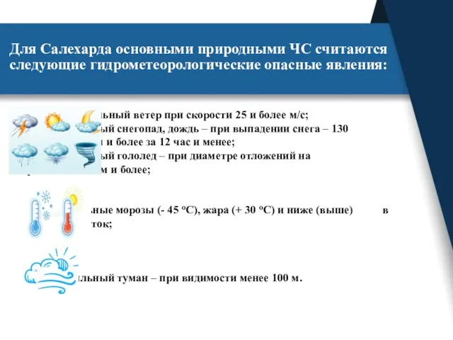 Для Салехарда основными природными ЧС считаются следующие гидрометеорологические опасные явления: Шквальный ветер