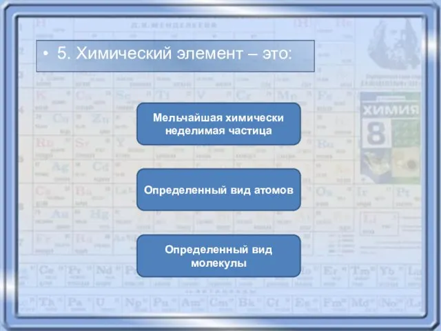 Определенный вид атомов Мельчайшая химически неделимая частица Определенный вид молекулы 5. Химический элемент – это: