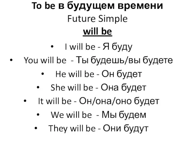 To be в будущем времени Future Simple will be I will be