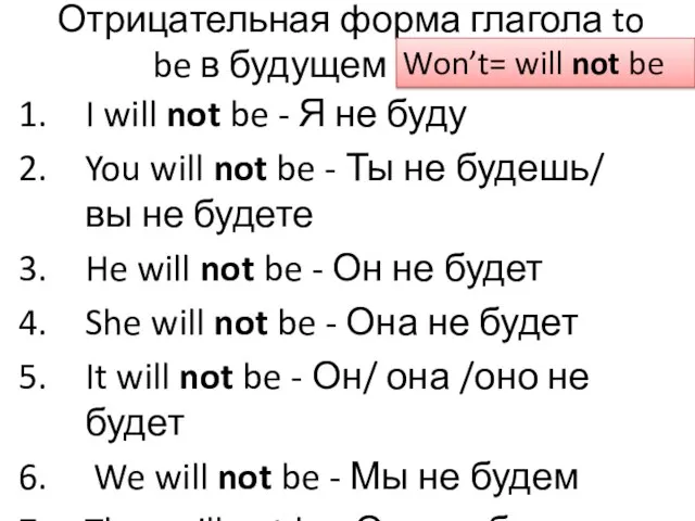 Отрицательная форма глагола to be в будущем времени I will not be