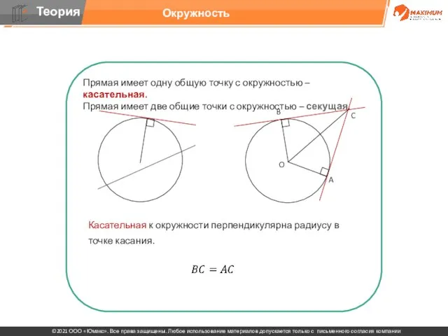 Прямая имеет одну общую точку с окружностью – касательная. Прямая имеет две