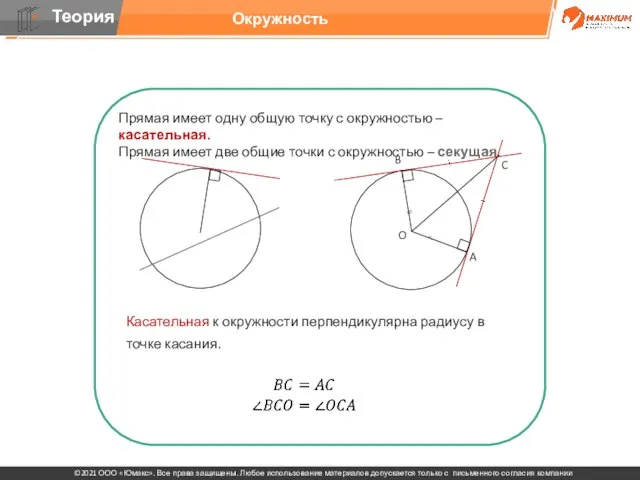 Прямая имеет одну общую точку с окружностью – касательная. Прямая имеет две