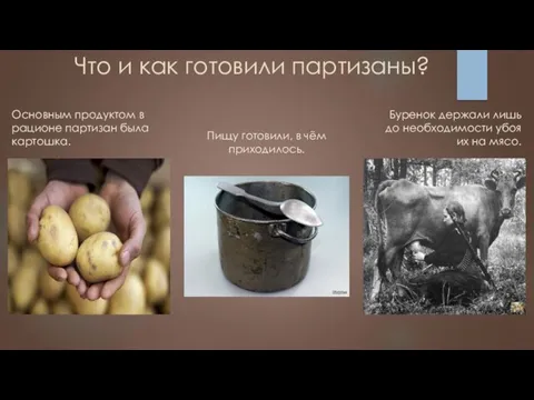 Что и как готовили партизаны? Основным продуктом в рационе партизан была картошка.