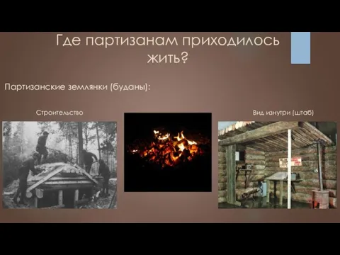 Где партизанам приходилось жить? Партизанские землянки (буданы): Строительство Вид изнутри (штаб)