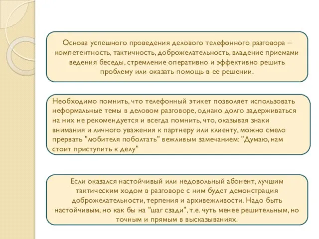 Основа успешного проведения делового телефонного разговора – компетентность, тактичность, доброжелательность, владение приемами