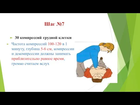 Шаг №7 30 компрессий грудной клетки Частота компрессий 100-120 в 1 минуту,