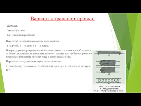 Варианты транспортировки: Носилки: а)медицинские б,в) импровизированные Переноска пострадавшего одним носильщиком: а-на руках,