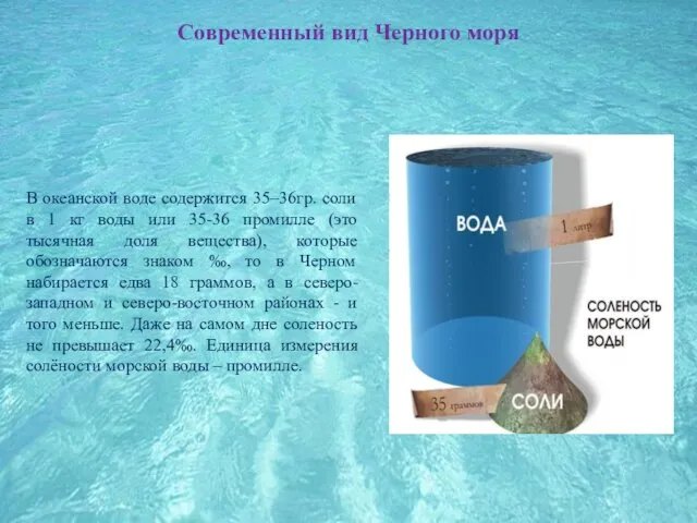 Современный вид Черного моря В океанской воде содержится 35–36гр. соли в 1