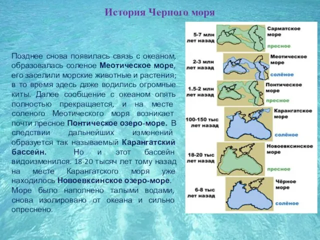 История Черного моря Позднее снова появилась связь с океаном, образовалась соленое Меотическое