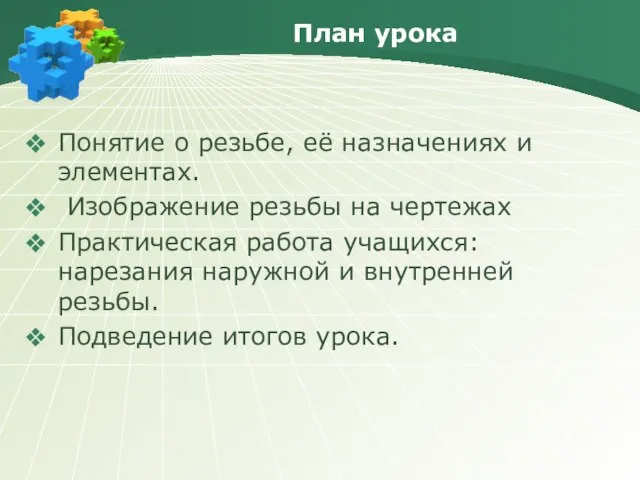 План урока Понятие о резьбе, её назначениях и элементах. Изображение резьбы на