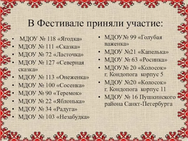 В Фестивале приняли участие: МДОУ № 118 «Ягодка» МДОУ № 111 «Сказка»