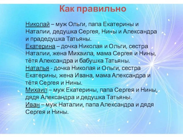 Николай – муж Ольги, папа Екатерины и Наталии, дедушка Сергея, Нины и