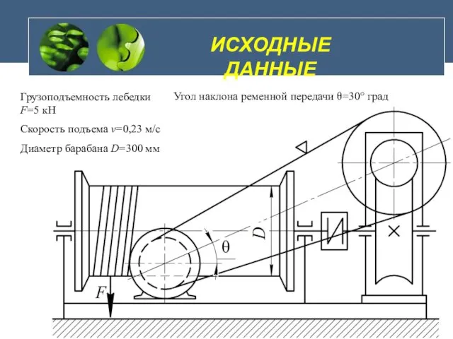 ИСХОДНЫЕ ДАННЫЕ Грузоподъемность лебедки F=5 кН Скорость подъема v=0,23 м/с Диаметр барабана