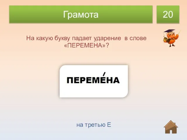 Грамота 20 На какую букву падает ударение в слове «ПЕРЕМЕНА»? на третью Е