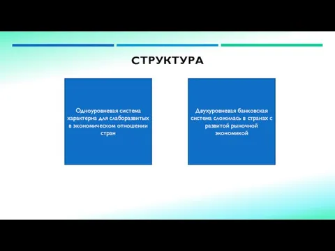 СТРУКТУРА Одноуровневая система характерна для слаборазвитых в экономическом отношении стран Двухуровневая банковская