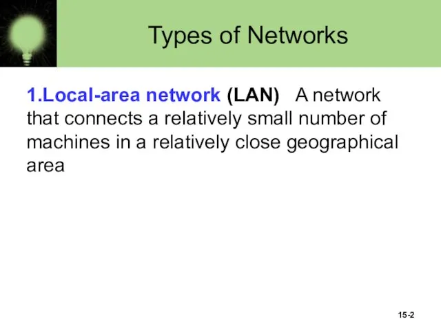 15- Types of Networks 1.Local-area network (LAN) A network that connects a