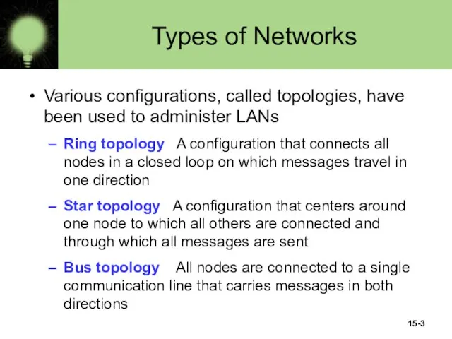 15- Types of Networks Various configurations, called topologies, have been used to