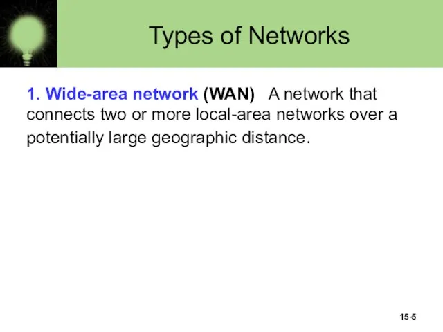 15- Types of Networks 1. Wide-area network (WAN) A network that connects
