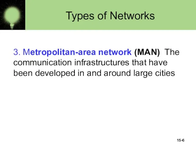 15- Types of Networks 3. Metropolitan-area network (MAN) The communication infrastructures that