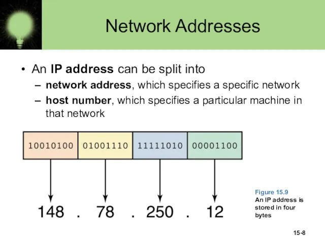 15- Network Addresses An IP address can be split into network address,