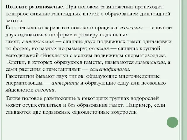 Половое размножение. При половом размножении происходит попарное слияние гаплоидных клеток с образованием