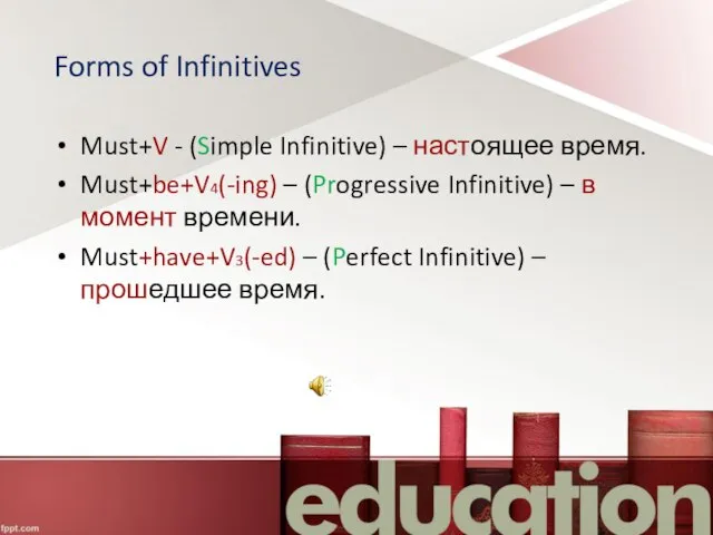 Forms of Infinitives Must+V - (Simple Infinitive) – настоящее время. Must+be+V4(-ing) –
