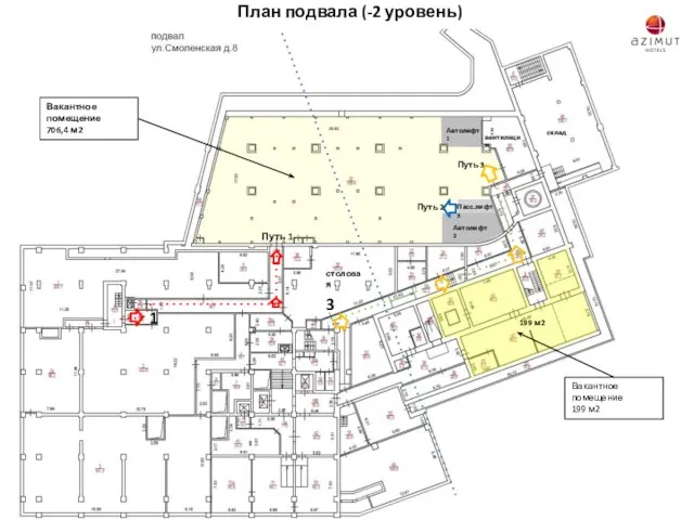 План подвала (-2 уровень) 199 м2 Автолифт 1 Автолифт 2 Пасс.лифт 3