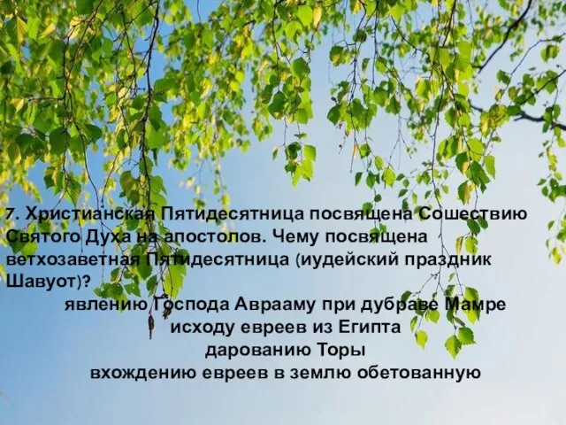 7. Христианская Пятидесятница посвящена Сошествию Святого Духа на апостолов. Чему посвящена ветхозаветная