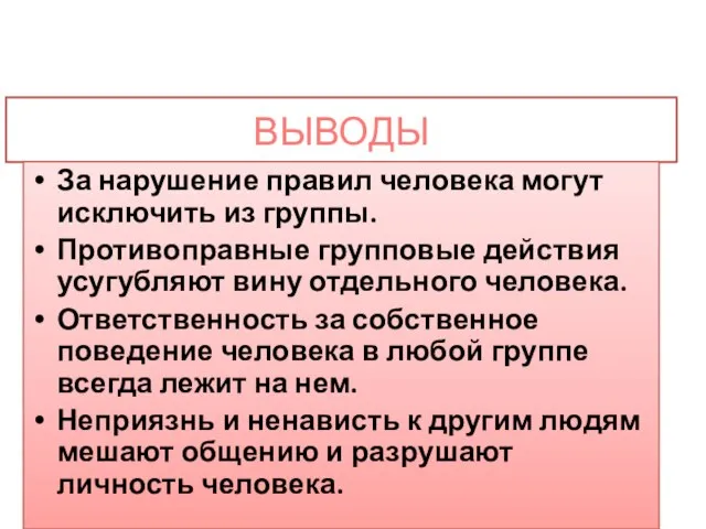 ВЫВОДЫ За нарушение правил человека могут исключить из группы. Противоправные групповые действия